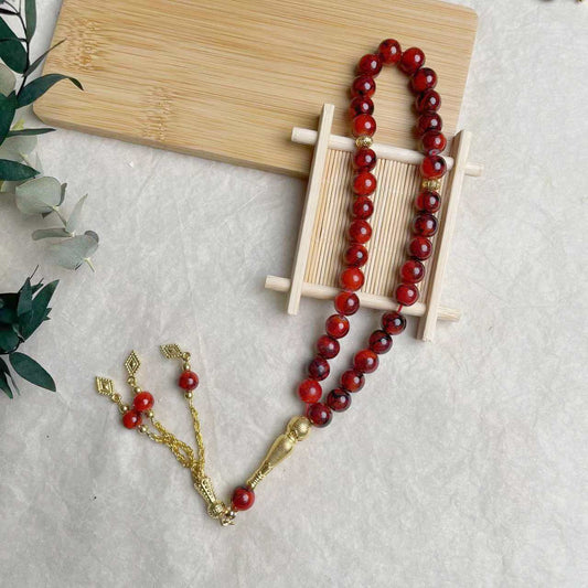 Tasbih 33 Prayer Beads 10mm Stone with Patterns Muslim Islamic Arabic Golden Tassels Exquisite Handmade