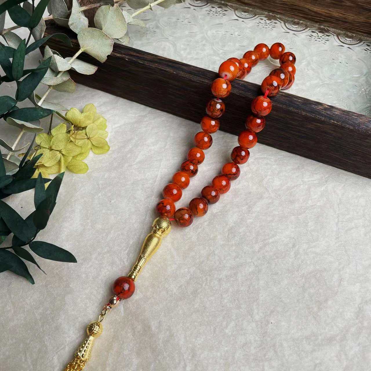 Tasbih 33 Prayer Beads 10mm Stone with Patterns Muslim Islamic Arabic Golden Tassels Exquisite Handmade