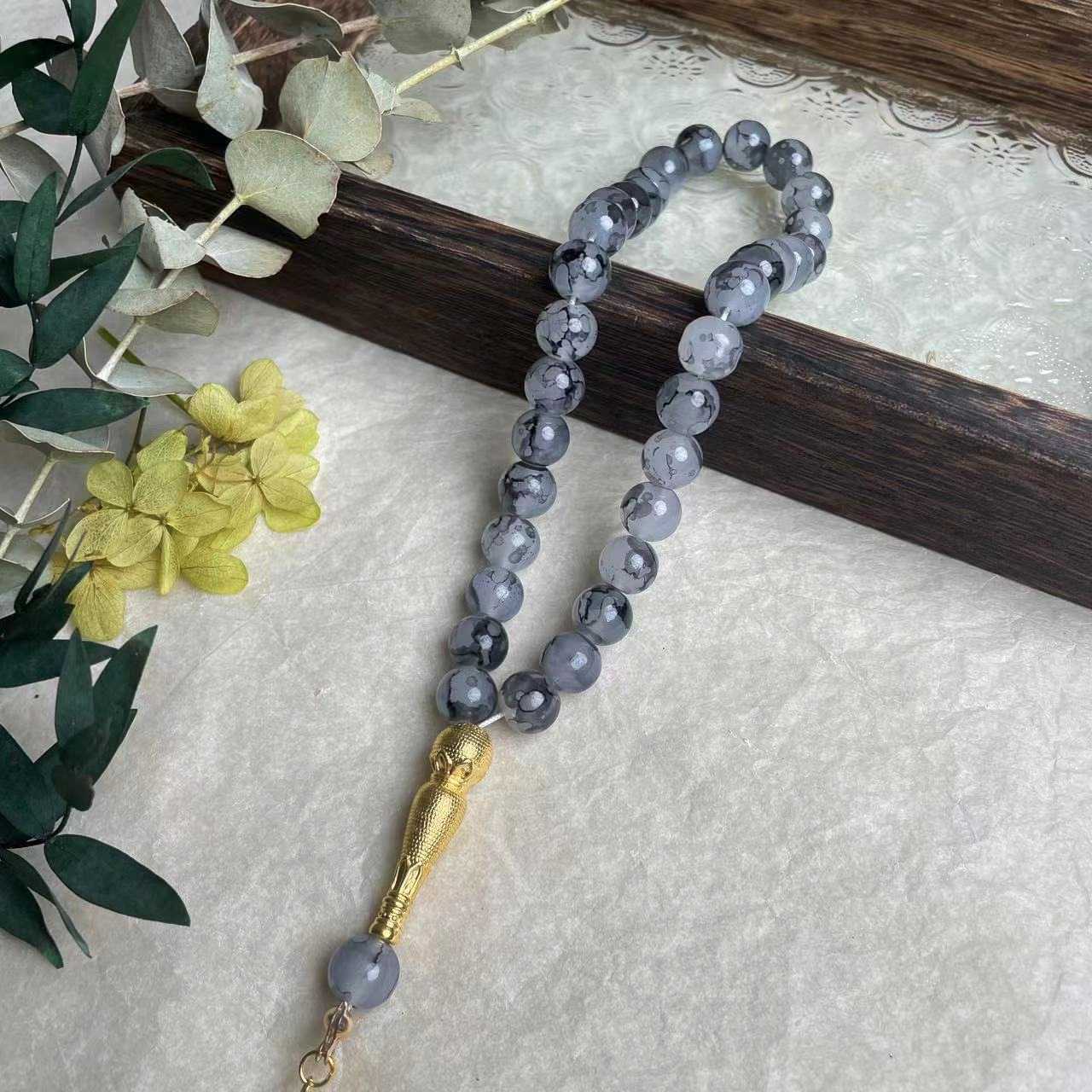 Tasbih 33 Prayer Beads 10mm Stone with Patterns Muslim Islamic Arabic Golden Tassels Exquisite Handmade