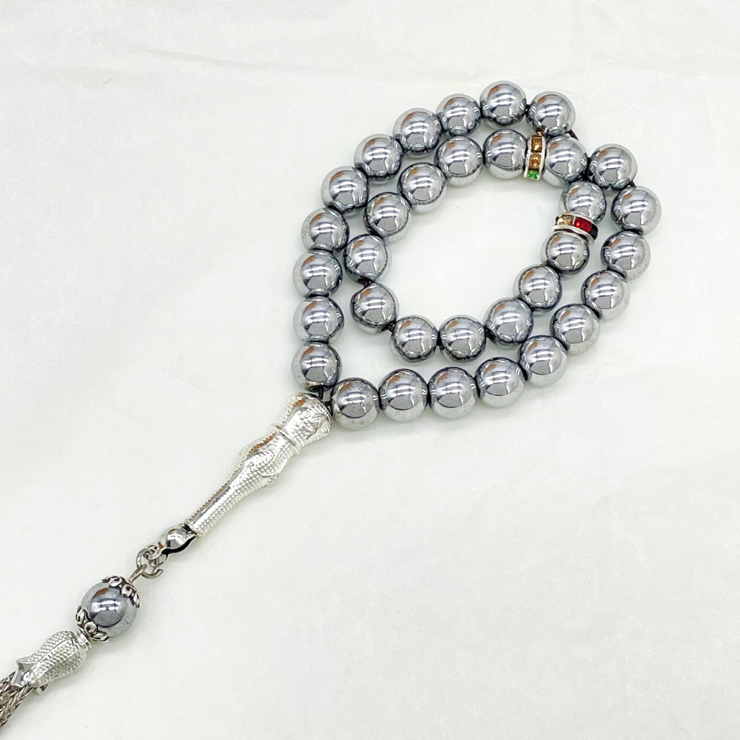 Tasbih 8mm Prayer Beads 33 Silver Muslim Islamic Arabic Tassels Exquisite Luxury Handmade