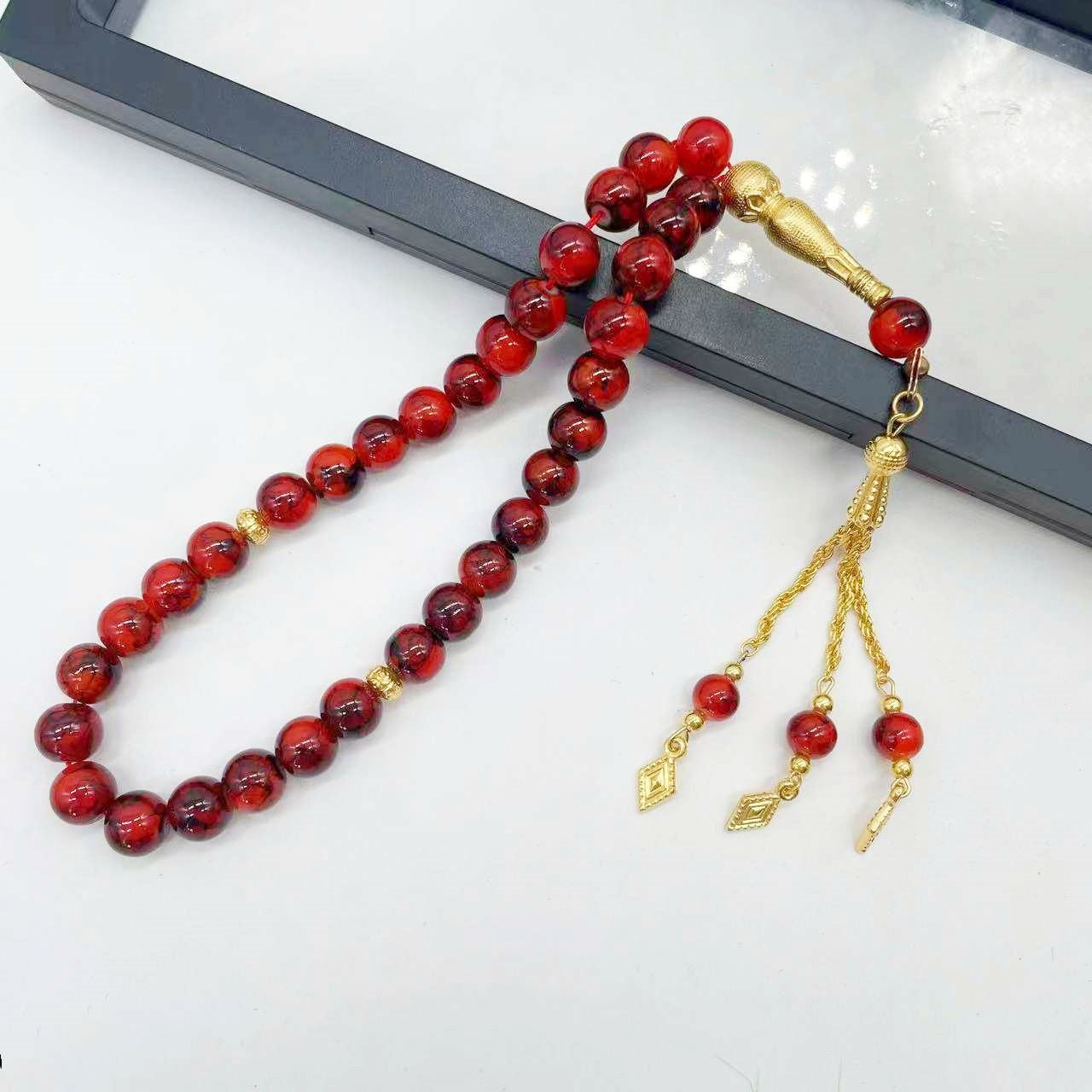 Tasbih 33 Prayer Beads 10mm Stone with Patterns Muslim Islamic Arabic Golden Tassels Exquisite Handmade