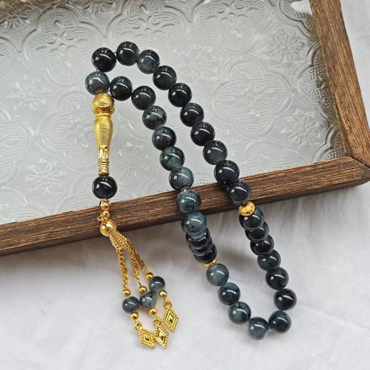 Tasbih 33 Prayer Beads 10mm Stone with Patterns Muslim Islamic Arabic Golden Tassels Exquisite Handmade