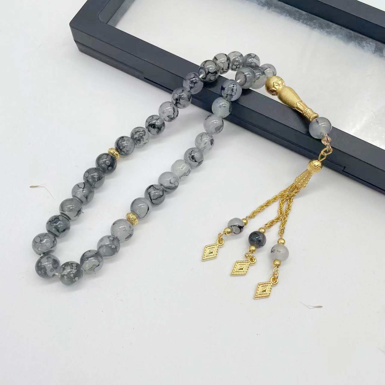 Tasbih 33 Prayer Beads 10mm Stone with Patterns Muslim Islamic Arabic Golden Tassels Exquisite Handmade